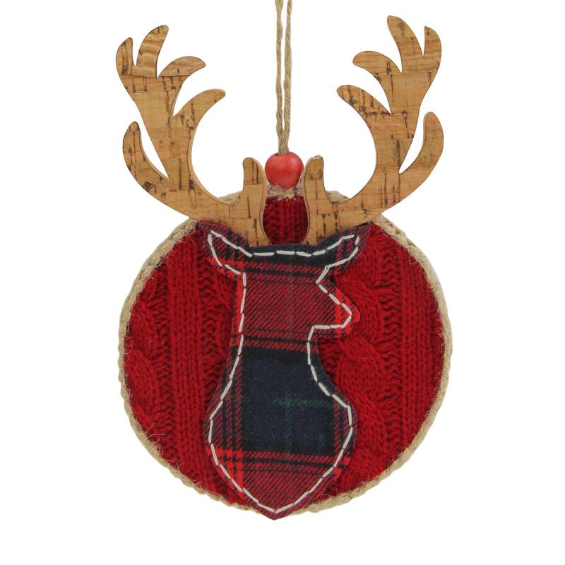 Cable Knit Plaid Reindeer Christmas Ornament - 6" - Red