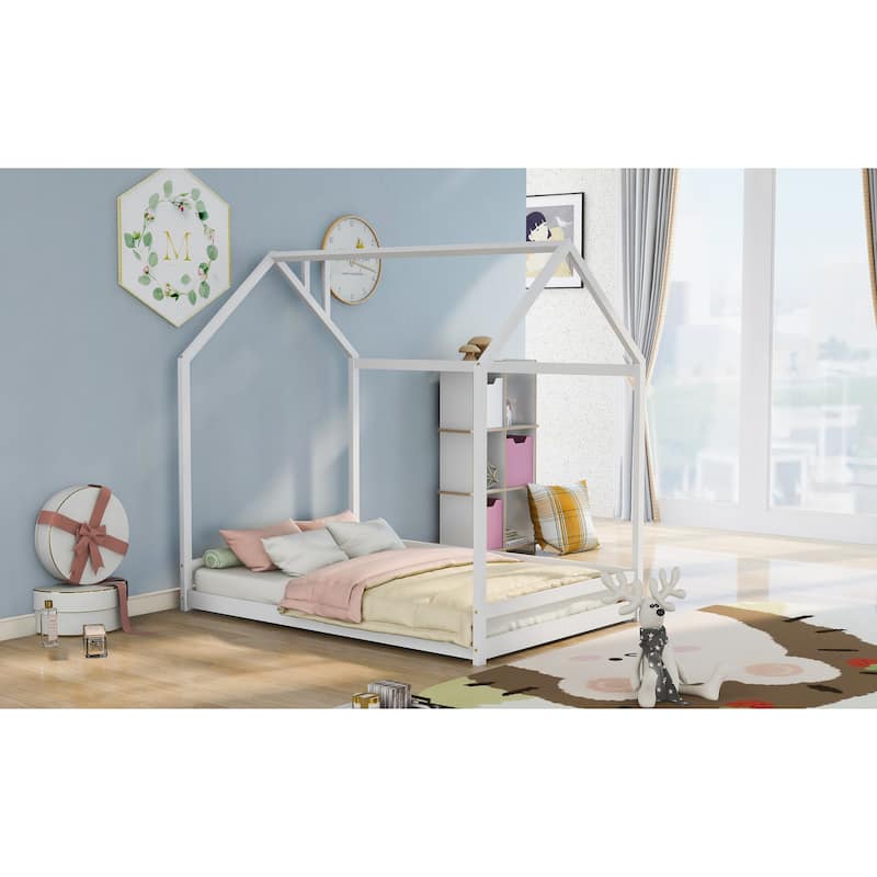 Twin/Full Size Wooden House Bed for Kids, Semi-Enclosed Playhouse Design with Roof, Perfect for Bedroom Fun and Sleep