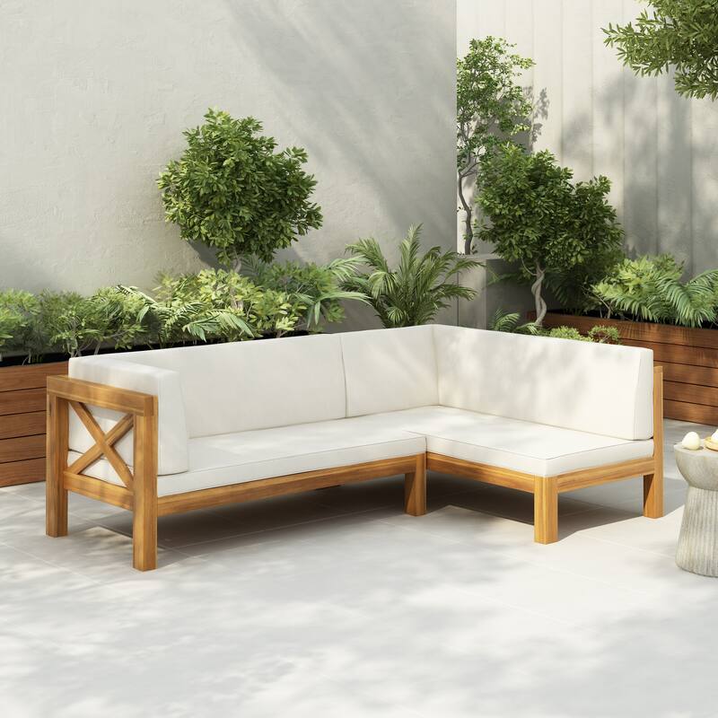 Brava Outdoor Acacia Wood X-Back Patio Sectional Sofa by Christopher Knight Home - Right Facing+Teak Finish+Beige Cushion