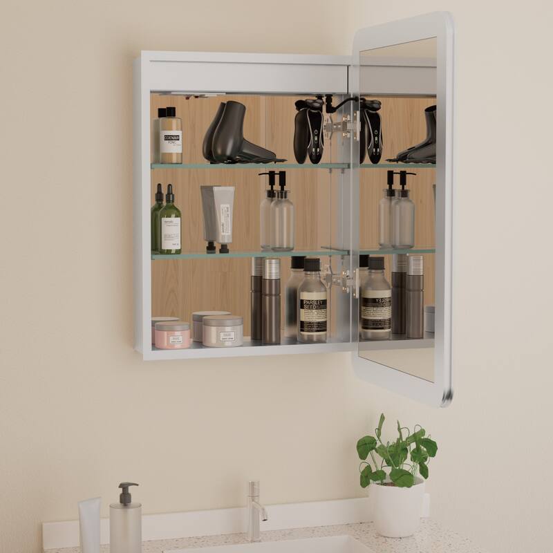 Rounded Edge LED Medicine Cabinet with Mirror, Dimmable, Anti-fog, Adjustable Shelves, Recessed or Wall Mount, ETL Certified