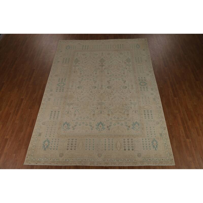 Vegetable Dye Oushak Turkish Rug Handmade Floral Wool Carpet - 9'0" x 12'4"