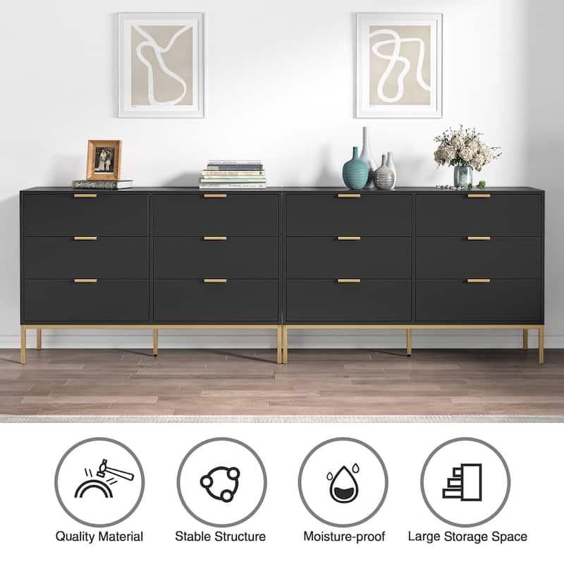 Anmytek Modern 6-Drawer Double Dresser Black Wood Chest of Drawers Storage Organizer for Bedroom