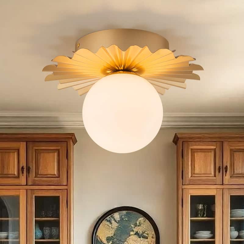Art Deco Gold Sunburst 1-Light Milky Glass Globe Semi Flush Mount