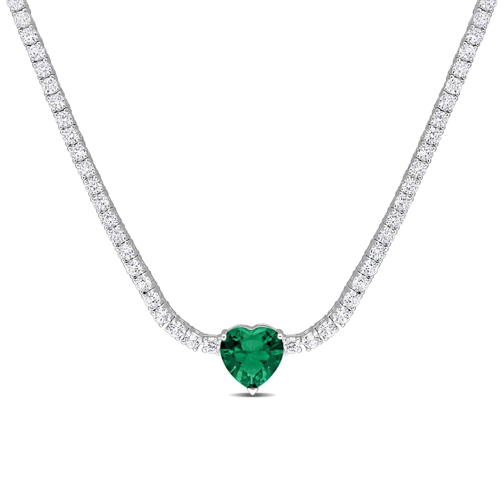 Miadora 18 CT TGW Heart Shaped Green Cubic Zirconia & Created White Sapphire Tennis Necklace in Sterling Silver
