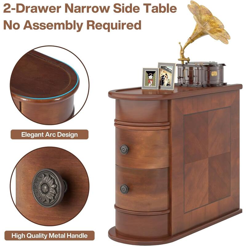 Solid Wood End Table, Two-Drawer Narrow Side Table, Fully Assembled