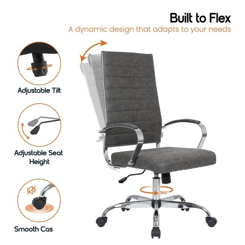Benmar High-Back Leather Office Desk Chair in Stainless Steel Frame Adjustable Height Tilt Lock 360 Swivel Ergonomic Chair