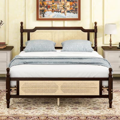 Queen Pine wooden Bed with Rattan Headboard and Footboard