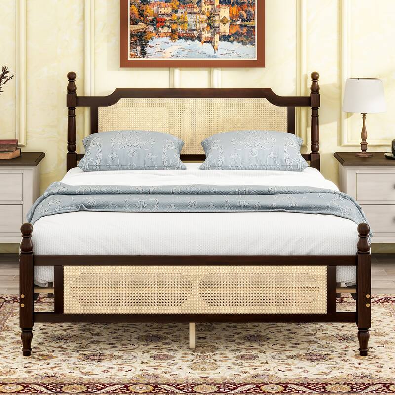 Queen Platform Bed with Rattan Headboard & Solid Pine Wood Frame - Espresso