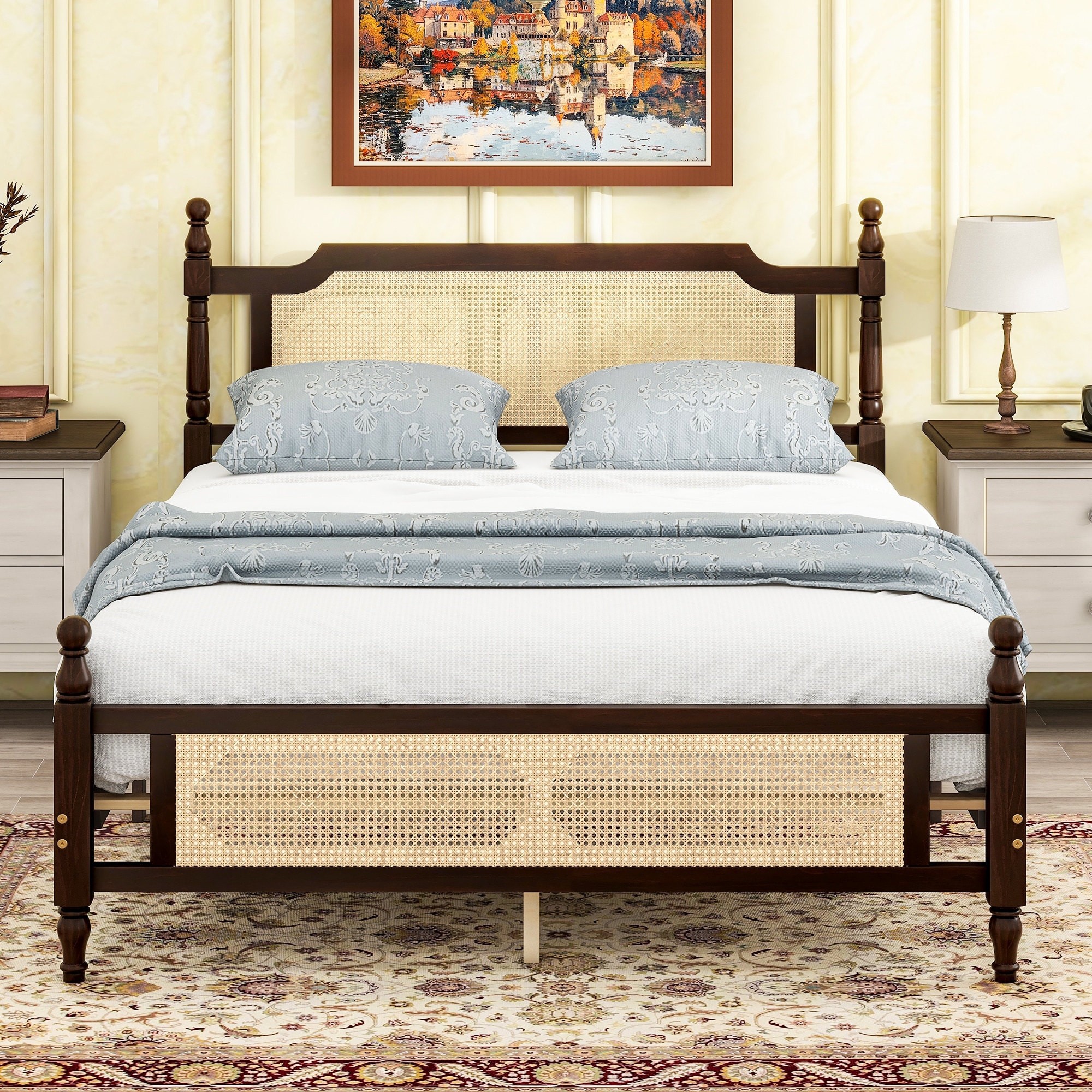 Queen Size Pine Wooden Platform Bed w/ Rattan Headboard & Footboard with Central Enhanced, Espresso