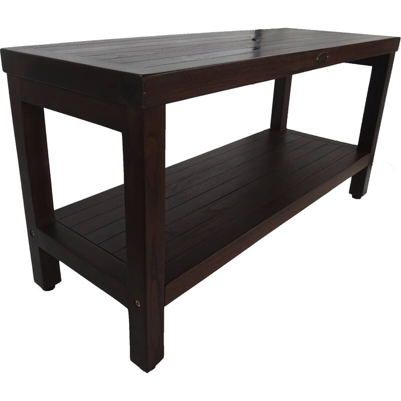 Compact Rectangular Teak Shower / Outdoor Bench with Shelf in Brown Finish