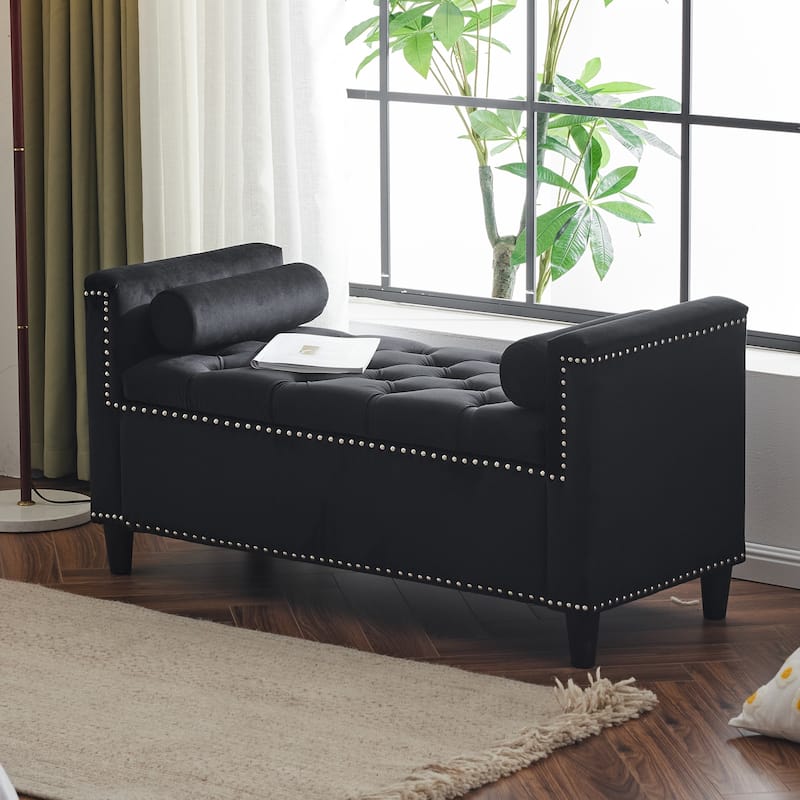 Storage Bench For Bedroom/Living Room,44.5-Inch Velvet Button Bench with Armrests