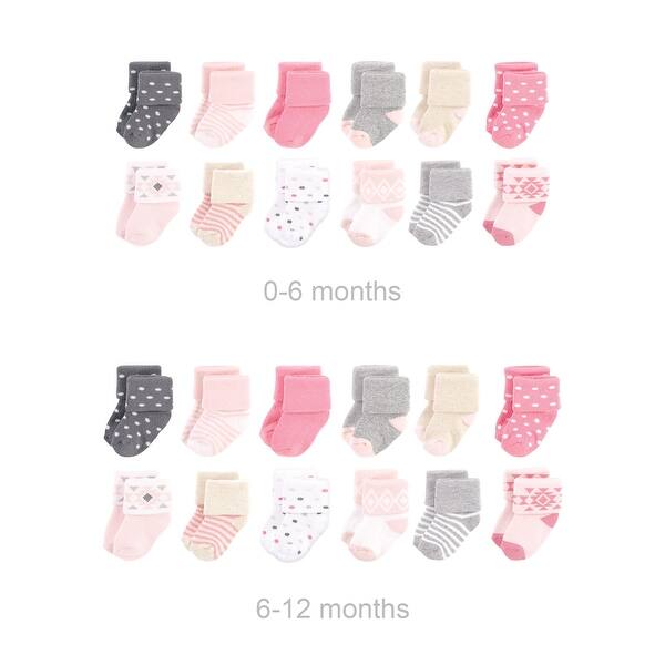 slide 1 of 1, Hudson Baby Infant Girl Grow with Me Cotton Terry Socks, Pink Gray Aztec, 0-6 and 6-12 Months - Pink Gray Aztec Pink Gray Aztec - 0-6 and 6-12 Months