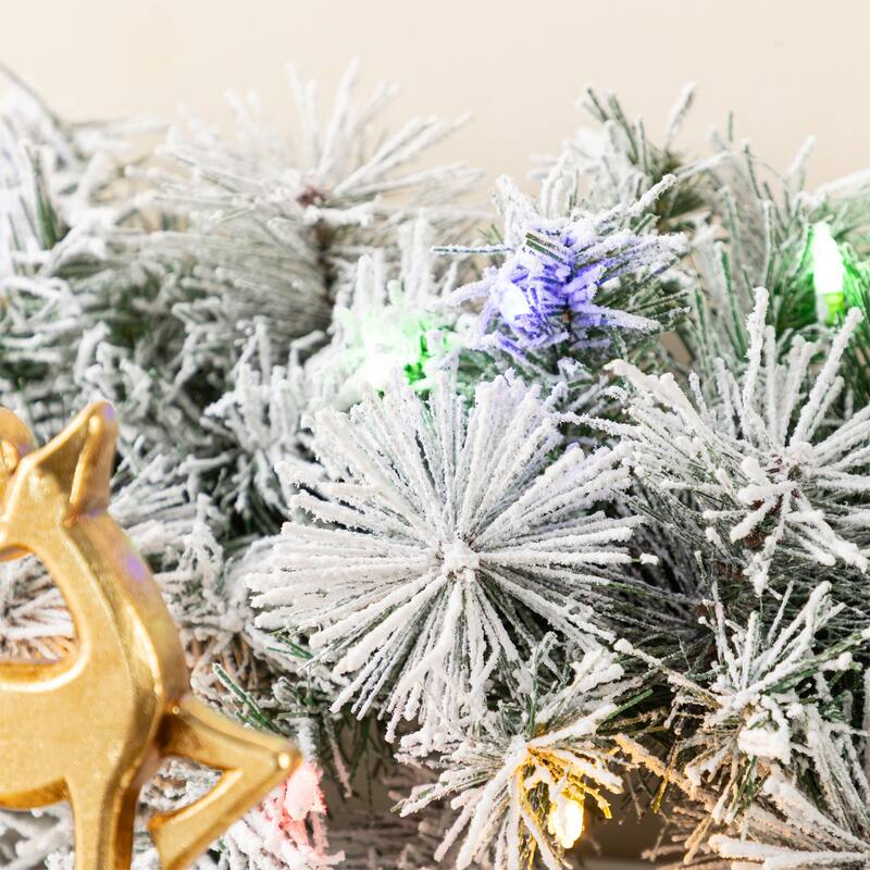 Glitzhome Pre-Lit Snow Flocked White/Greenery Pine Garland & Wreath & Teardrop