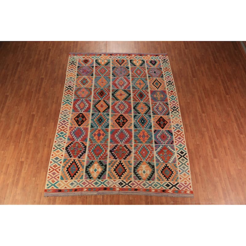 All-Over Geometric Kilim Reversible Area Rug Hand-Woven Wool Carpet - 8'2"x 11'2"