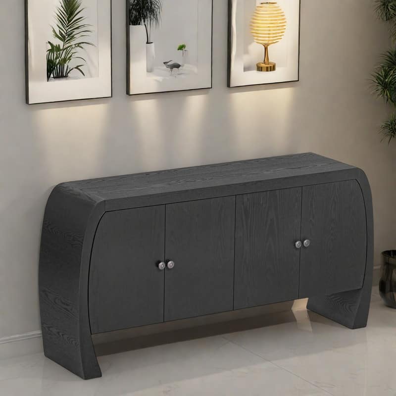 58.6" MDF Vintage 4-DoorConsole Tables - Ash Veneer with Antique Brass Handles & Curved Arc Legs - Black