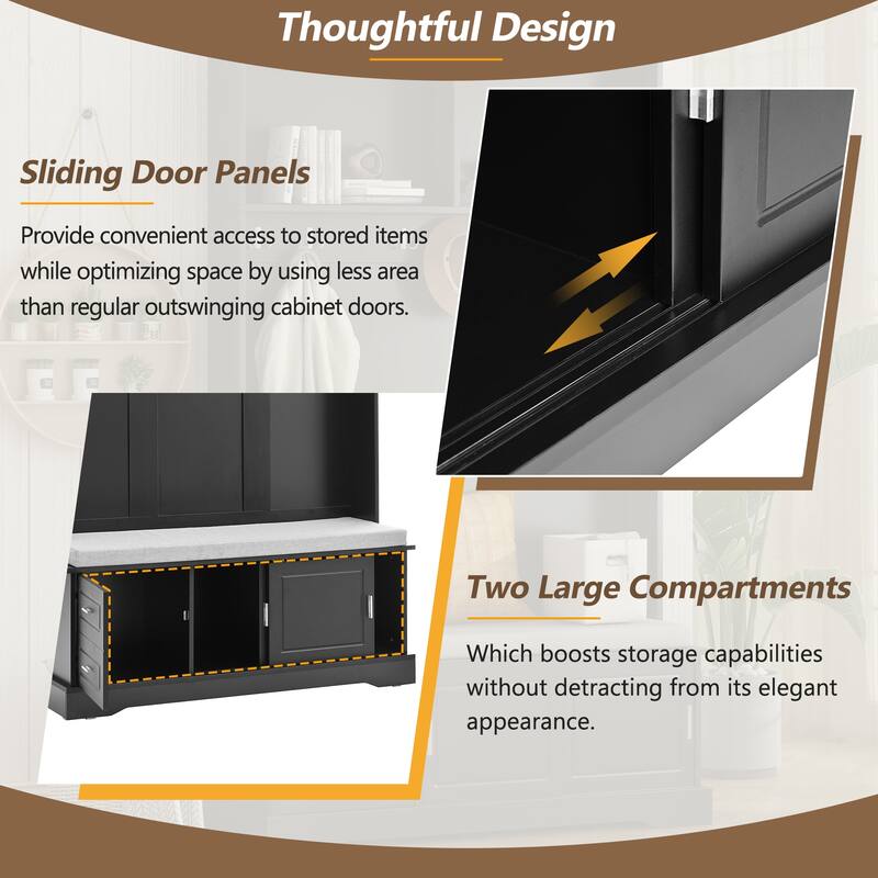 Versatile Coat Rack with 6 Hooks,Handles, Shoe Storage,Sliding Doors