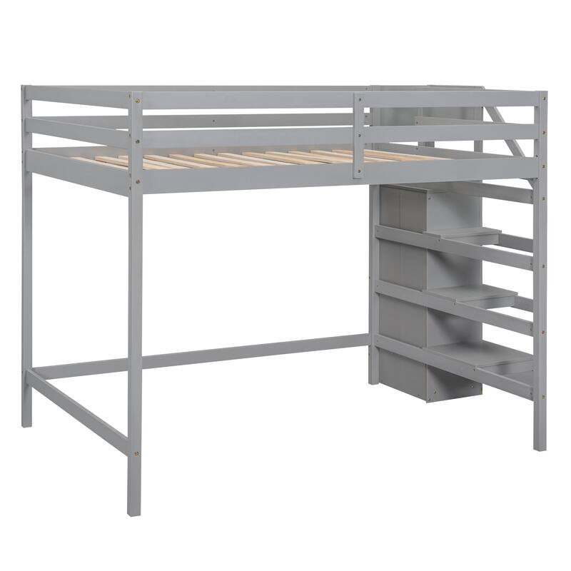 Full Size Loft Bed with Built-in Storage Wardrobe, Clothes Rack and Staircase, Pine Wood Frame, Space-Saving Design