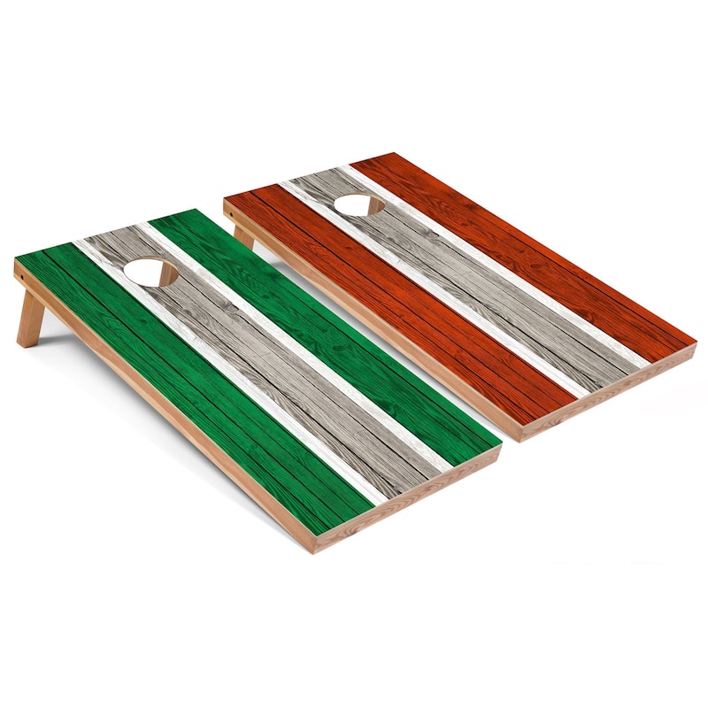 Solid Wood Cornhole Boards - Kelly and Orange Stripes Design - Regulation 2x4 (24" x 48") - Include Hole + Edge Lights