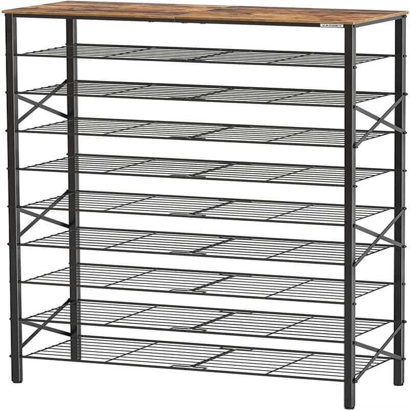 10 Tier Shoe Rack - 10.8"D x 27.8"W x 65.7"H - Rustic Brown + Black