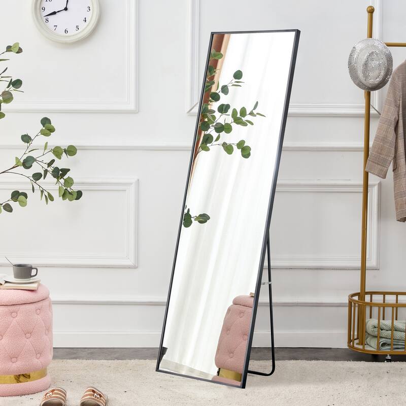 Roomfitters Wall-Mounted Full-Length Mirror with Black Aluminum Frame, 65"x23" Vanity or Decorative Mirror, Black