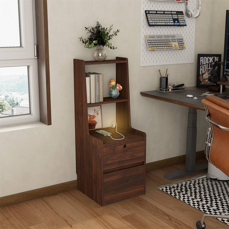 Smart Nightstand with 2 Drawers, Night Light and Charging Station, Modern Bedside Table Side Table with Bookshelf for Bedroom