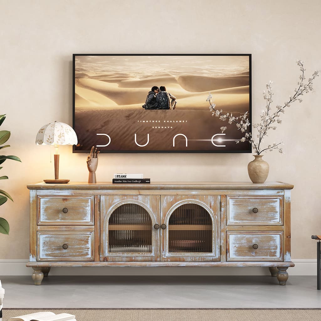 Farmhouse MDF TV Stand with Glass Doors and Drawer Storage Natural Antique White by GDFStudio