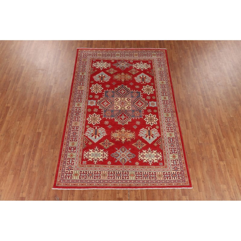 Oriental Red Geometric Kazak Area Rug Hand-Knotted Wool Carpet - 6'5" x 9'8"
