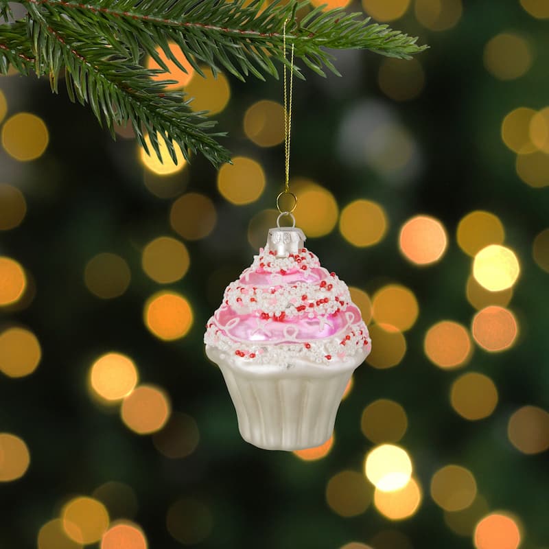 4" Pink and White Cupcake with Sprinkles Glass Christmas Ornament