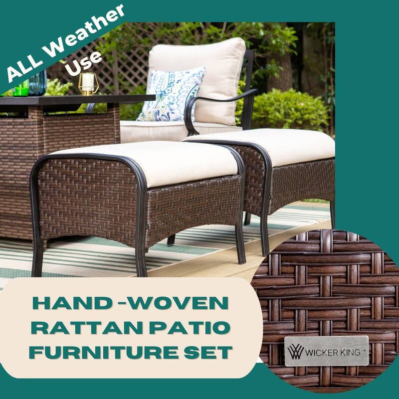 MAISON ARTS Oversized 6-Piece Outdoor Patio Set with Fire Pit - 3-Seater Sofa, 2-Seater Sofa, Swivel Chairs, Ottomans (Beige)