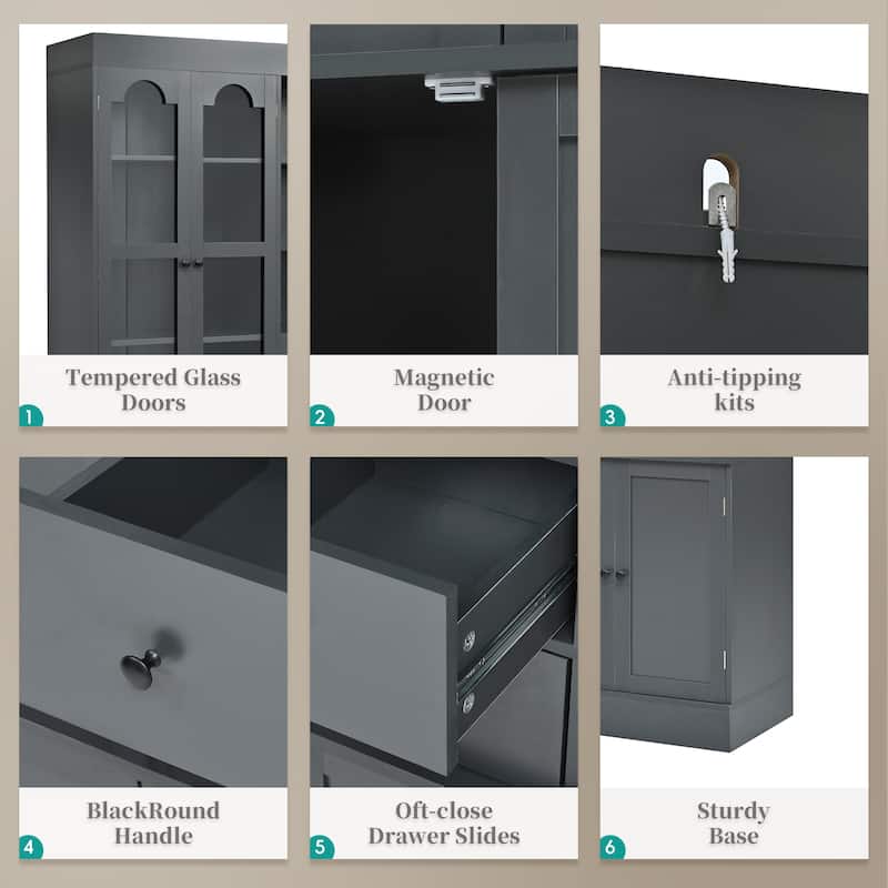 75" Freestanding Kitchen Pantry Buffet with Hutch, 4 Drawers, Glass Doors, Adjustable Shelves and Pull-Out Trays