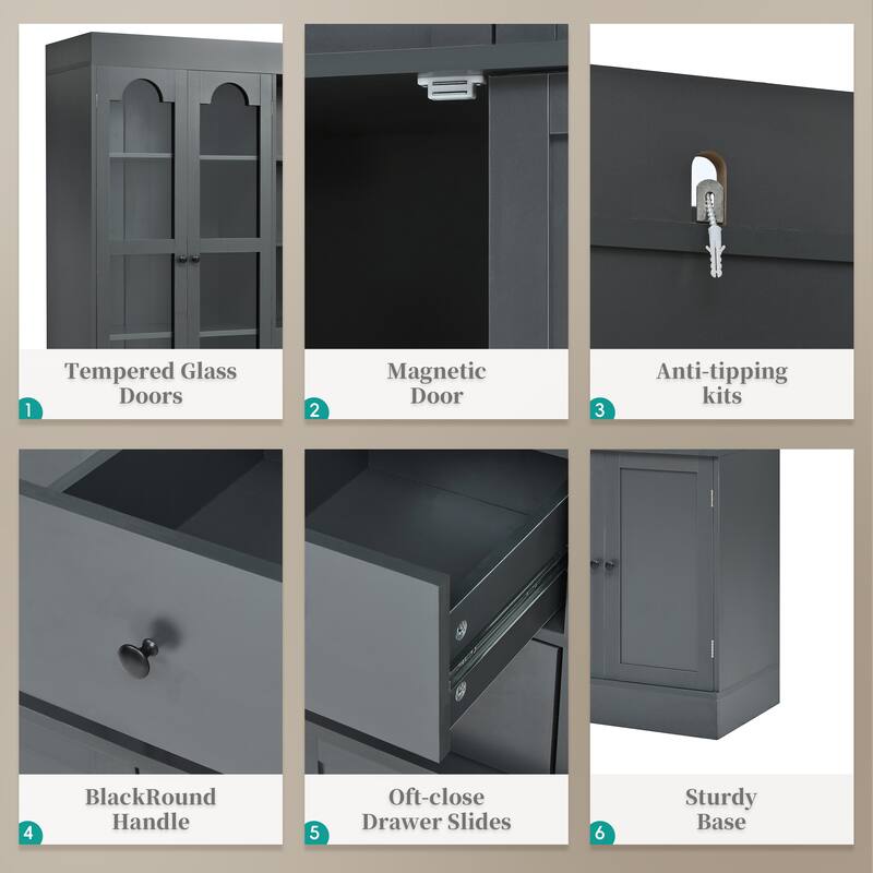 Roomfitters 75 Inch Tall Kitchen Pantry Buffet Hutch with 4 Drawers and Glass Doors, Shaker Style