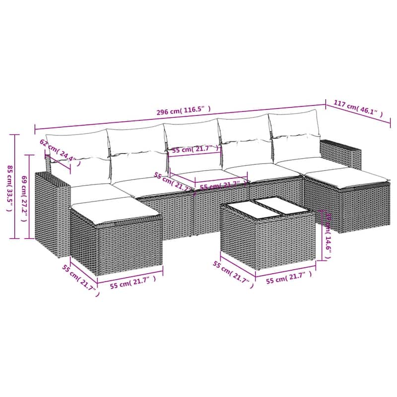 vidaXL Patio Sofa Set with Cushions Outdoor Conversation Furniture Poly Rattan - 25.8" x 24.4" x 27.2"
