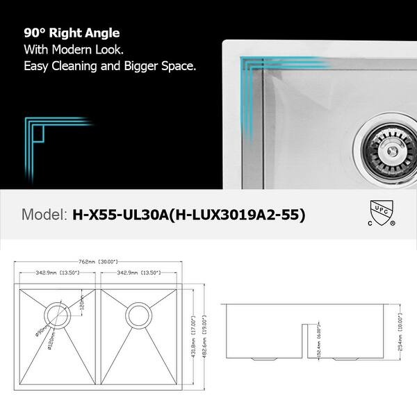 dimension image slide 2 of 4, Low-Divide Undermount Double Bowl Stainless Steel Kitchen Sink