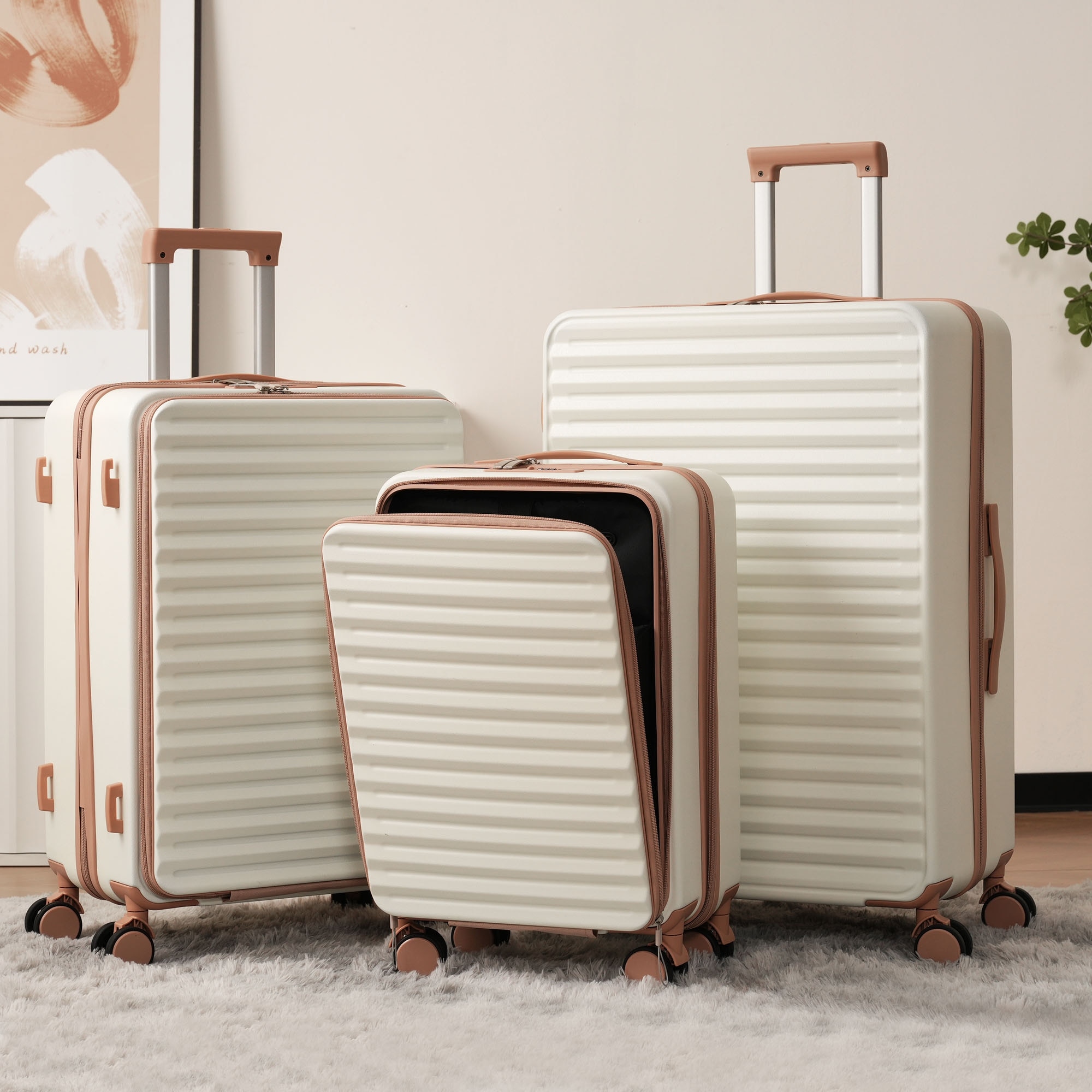 Cream White Multifunctional 4 Piece Luggage Sets with 20/24/28