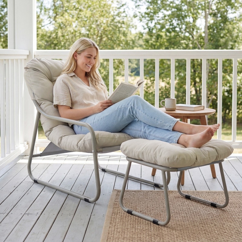Outdoor Lounge Egg Chair with Ottoman, High-Back Metal Patio Papasan Accent Chair with Cushion for Balcony Porch Deck