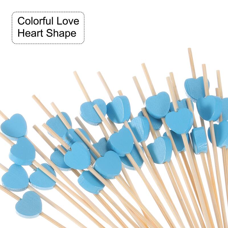 Bamboo Cocktail Toothpicks Heart Drink Fruit Picks Cocktail Skewers 100Pcs - Blue - 4.72"