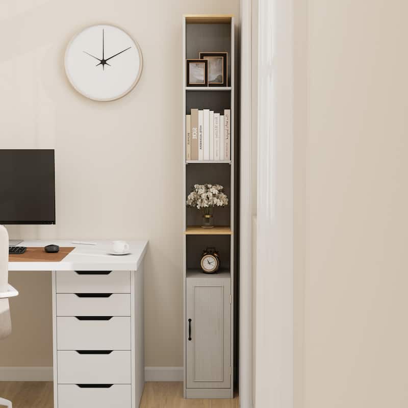 72"Tall Slim Storage Cabinet, 6-Tier Narrow Freestanding Cabinet with 1 Door and 2 Adjustable Shelves, Bookcase Display Shelves
