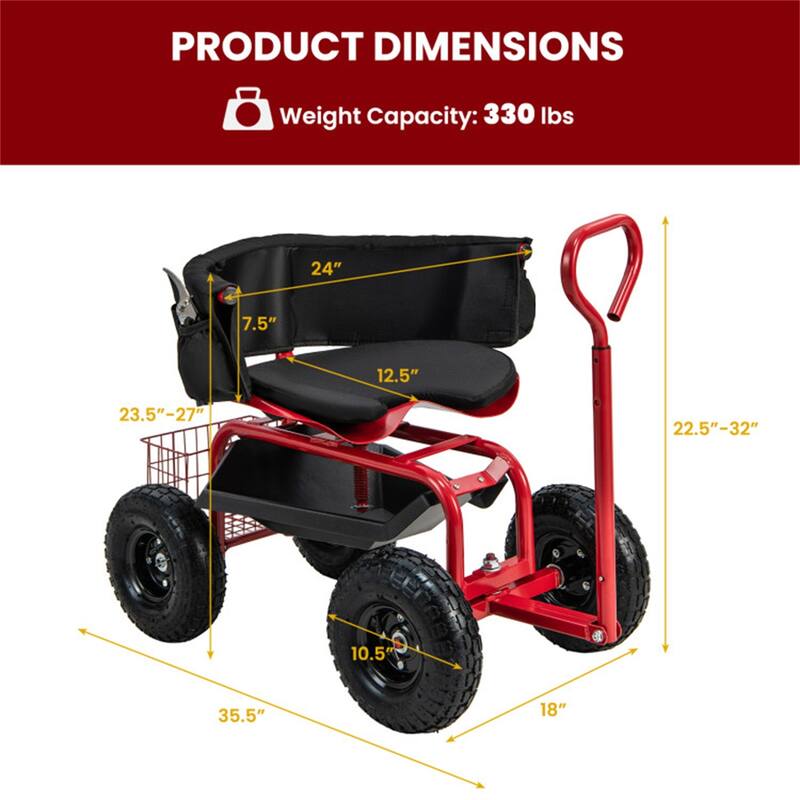 Adjustable Rolling Garden Cart with 360-Degree Swivel Seat Heavy-Duty Metal Frame Storage Basket - 35.5" x 24" x 23.5"-27"