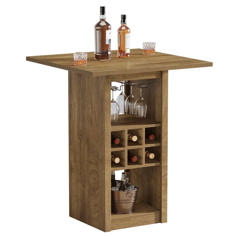 Wood Counter Height Bar Table, Glass Holders Wine Racks Storage Shelves, Kitchen Bistro High Top Pub Cocktail Home Bar Unit