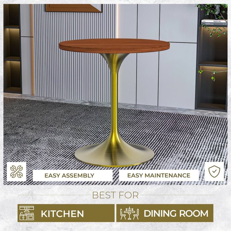 LeisureMod Verve 27" Round Dining Table with MDF Wood TableTop and Brushed Gold Base for Kitchen & Dining Room