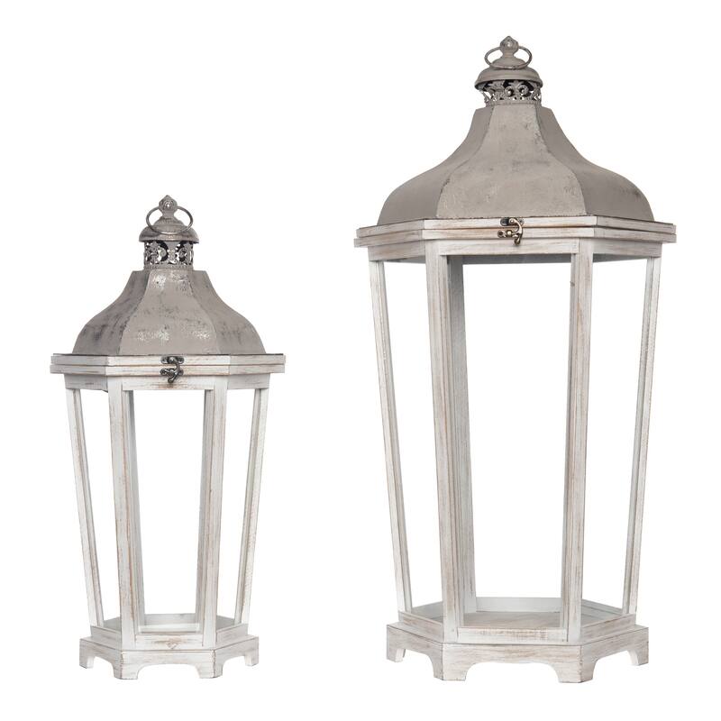 Transpac Wood 31.25 in. Gray Spring Nesting Rustic Lanterns Set of 2