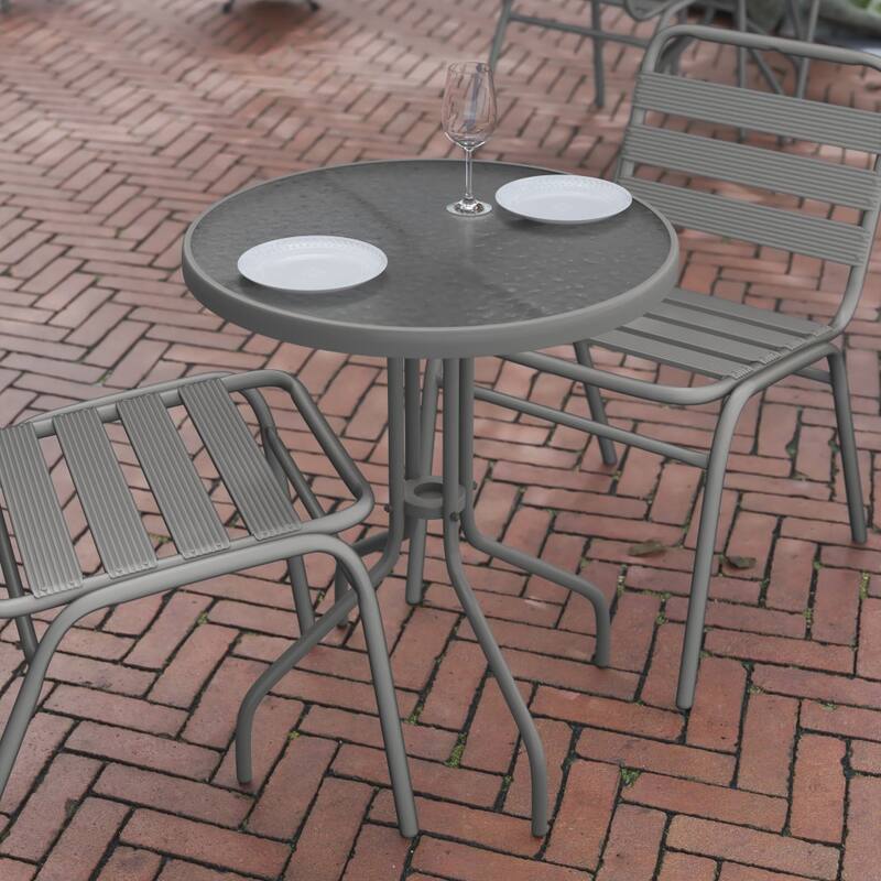 23.75" Round Tempered Glass Metal Table with Smooth Ripple Design Top