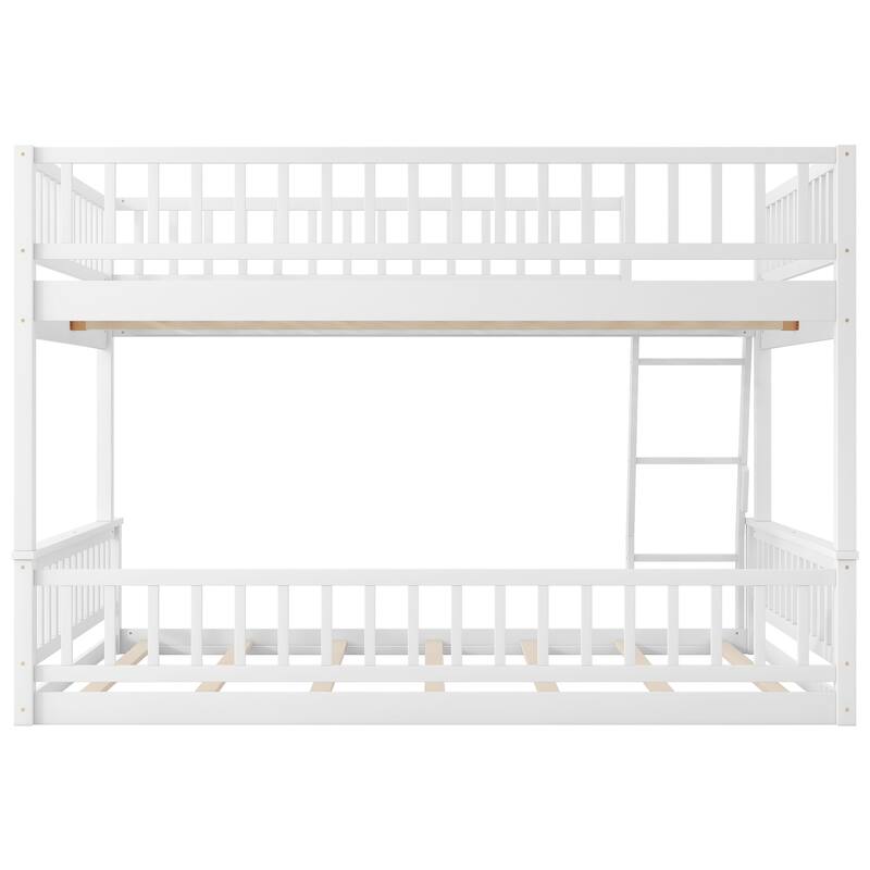 Roomfitters Full XL Over Queen Bunk Bed with Ladder and Guardrails, Solid Wood Frame, White