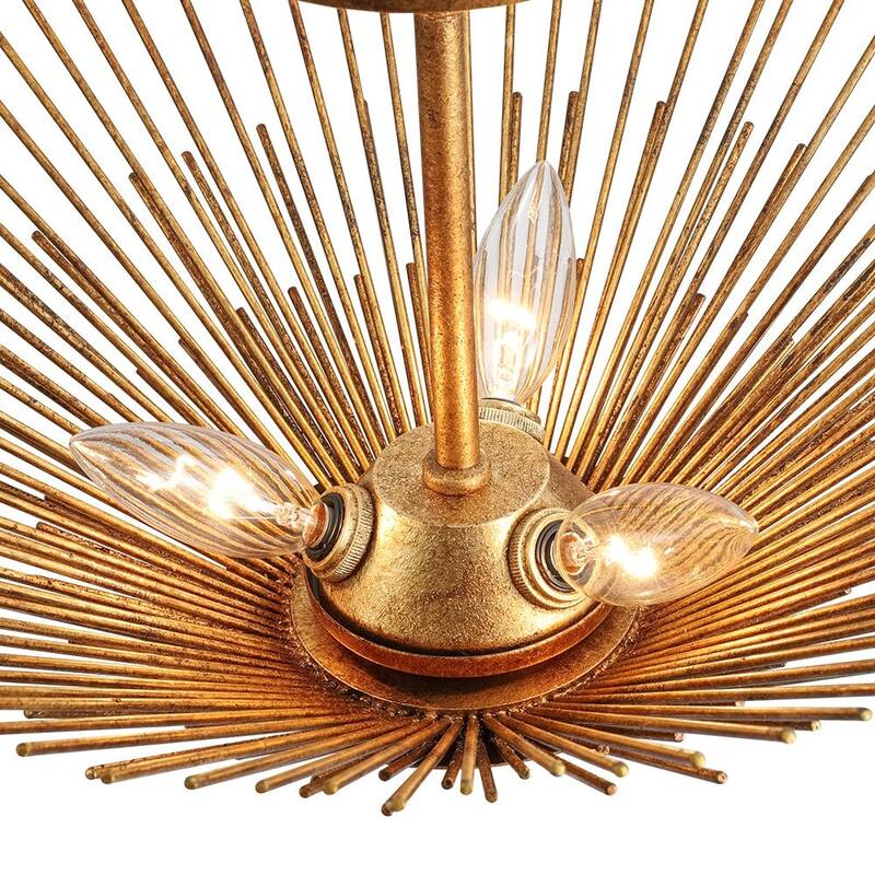 3-Light Vintage Luxe Gold Leaf Sunburst Semi Flush Ceiling Light
