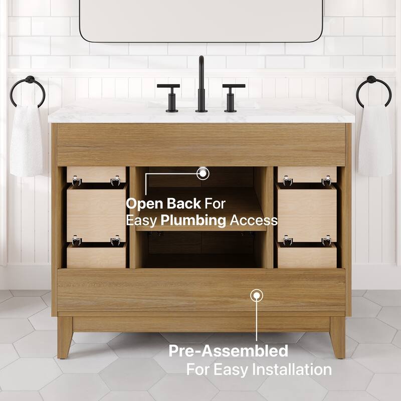 Graham 42"W Oak Bath Vanity with WH Arabescato Engineered Stone Top