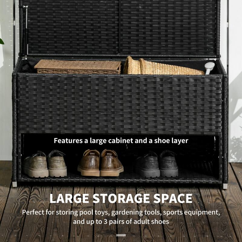 Pool Deck Storage Box Multipurpose Storage Box Rattan Deck Box with Liner and Spring-Assisted Lift for Indoor Outdoor Garden