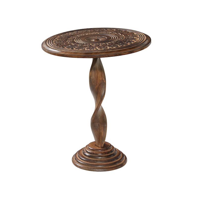 Mango Wood Floral Handmade Intricately Carved Accent Table with Spiral Leg and Elevated Base - Brown - Roche River Decor