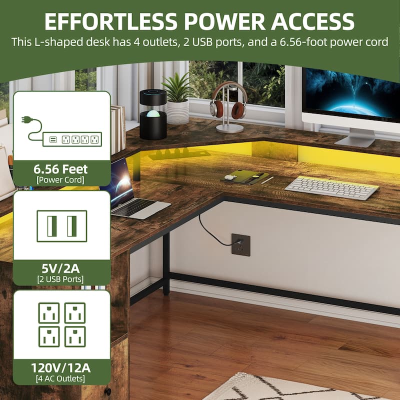 Moasis 66" L Shaped Corner LED Computer Desk with Cabinet and Power Outlets