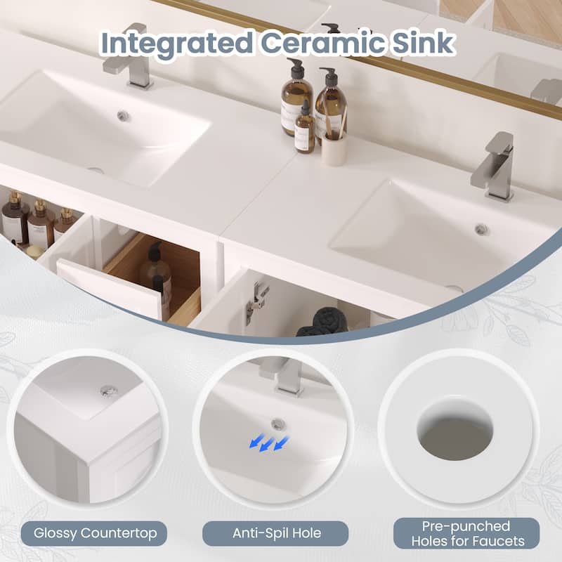 EROMMY All-in-One Bathroom Vanity with Ceramic Sink, Soft-Close Storage Cabinet & Drawer, Glossy Countertop, White