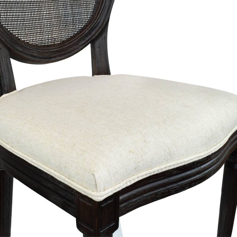 French Chic Vintage Style Dining Side Chair With Upholstered Linen Welted Fabric And Elegant Natural Rustic Wood Frame
